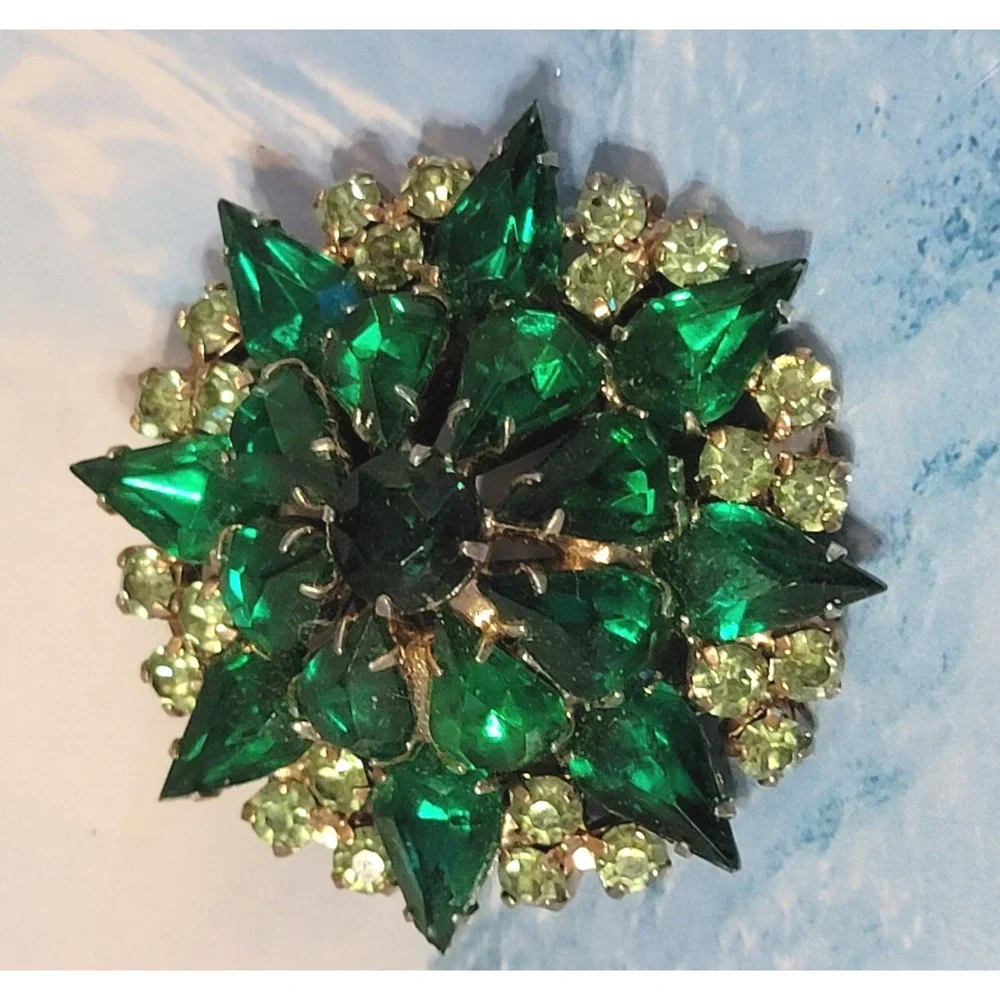 Vintage Large Green Rhinestone Brooch Pin, Mid-Century Layered Sparkly Glass